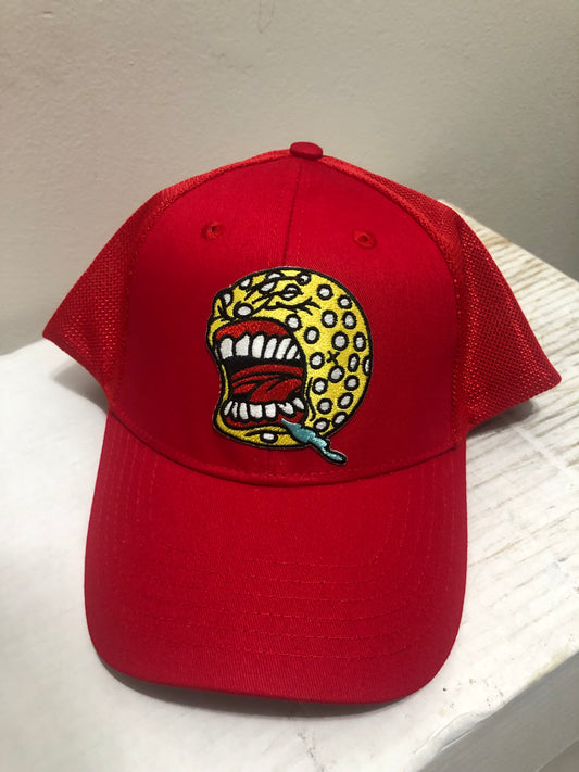 Red cap with a colorful embroidered screamer pickleball design