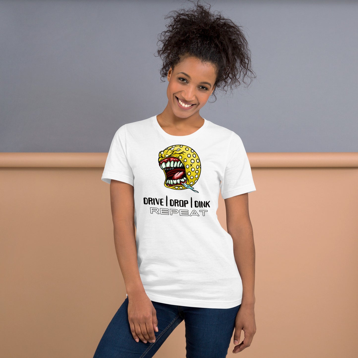 "Drive Drop Dink Repeat" - Pickleball Colorful Soft Shirt + Back Label